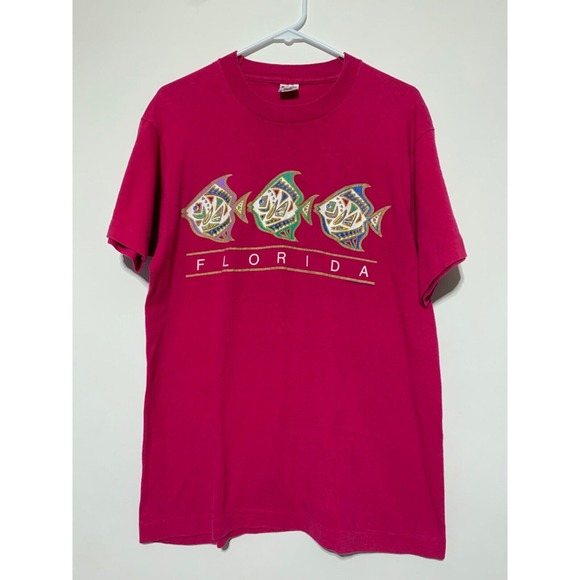 Fruit of the Loom Tops - Fruit of the Loom Size M Pink Cotton Graphic Florida Fish Shirt 1981 Paradise